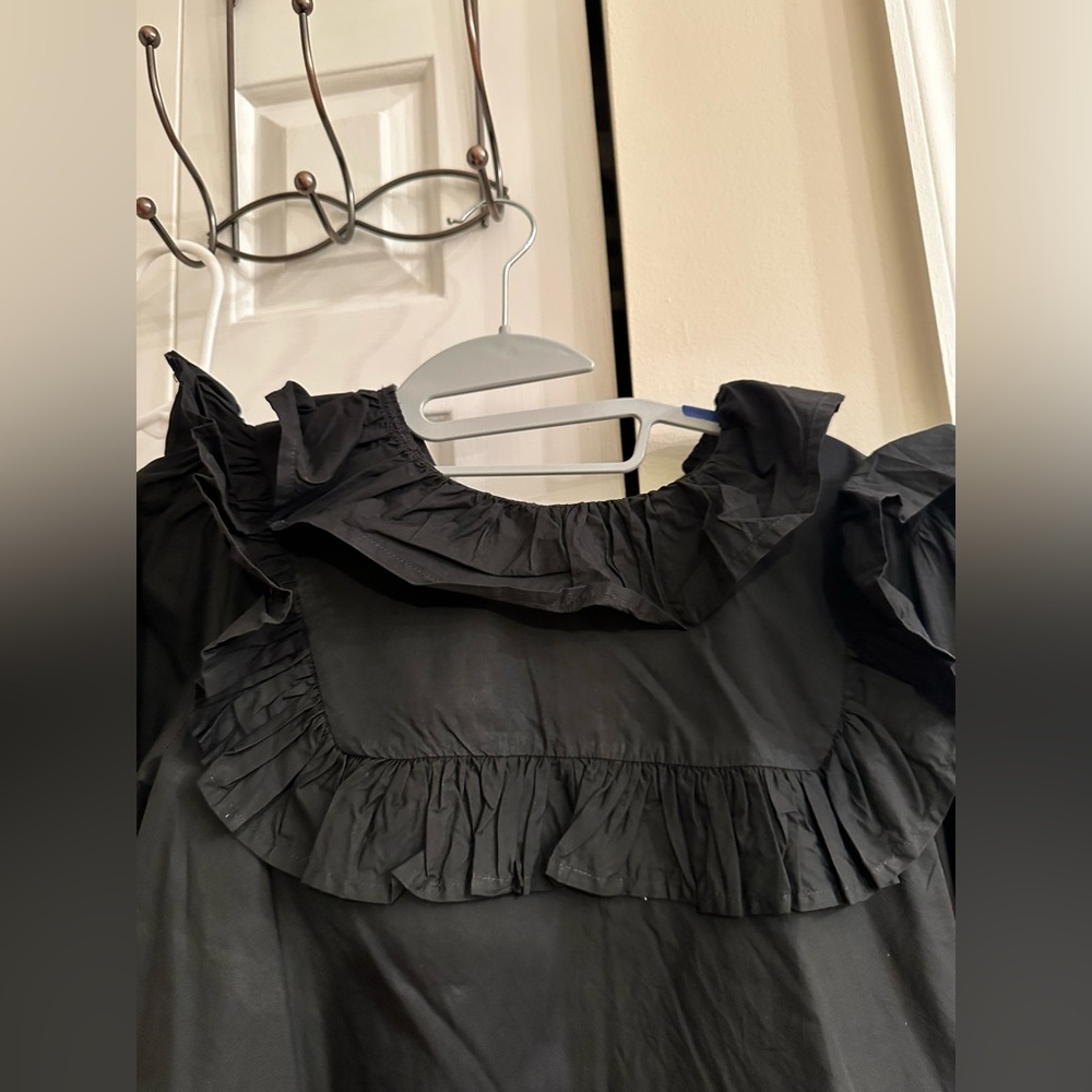 Romantic Ruffle Cotton Blouse - Victorian Smocked Cuff Top - Black Size S - Picture 7 of 8